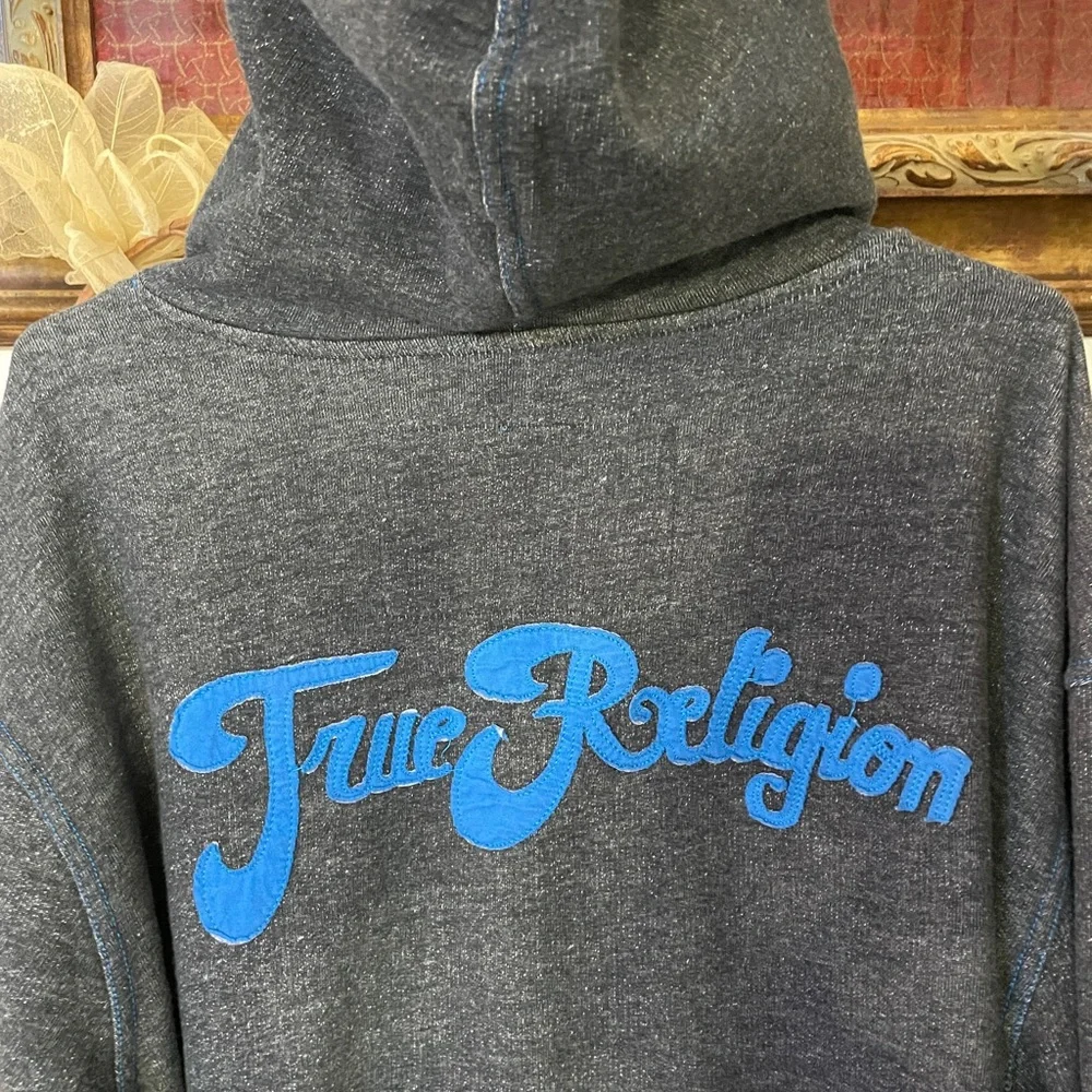 Y2K True Religion Raised Spellout Full Zip Hoodie Charcoal Blue Men’s 2XL🧡🎀